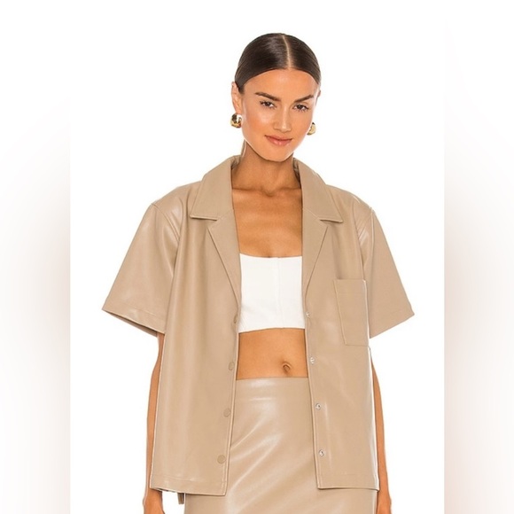 L’Academie by Revolve Clothing Tan Short Sleeve Leather Shirt Kelly Blouse - Picture 3 of 8